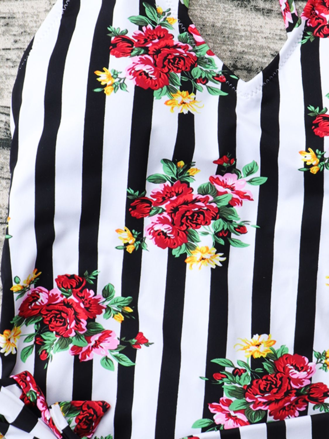 Floral Striped Lace-Up One-Piece Swimsuit
