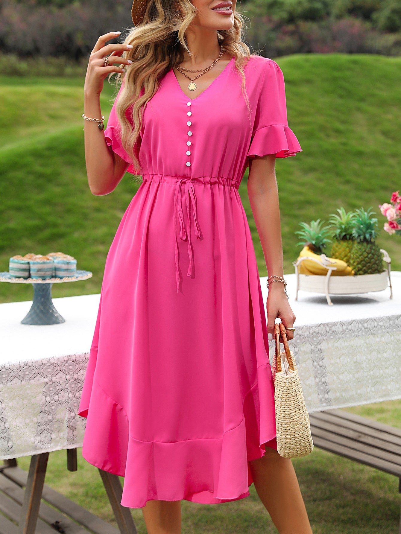 Decorative Button Drawstring Waist Flounce Sleeve Dress