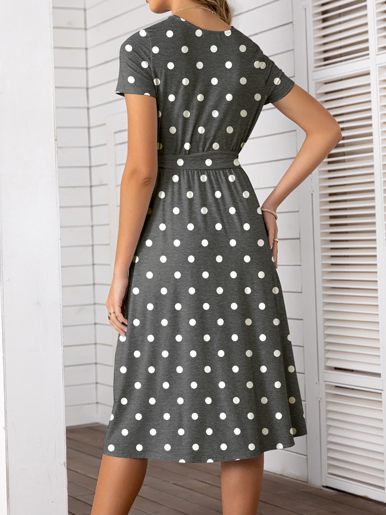Round Neck Short Sleeve Tie Waist Dress