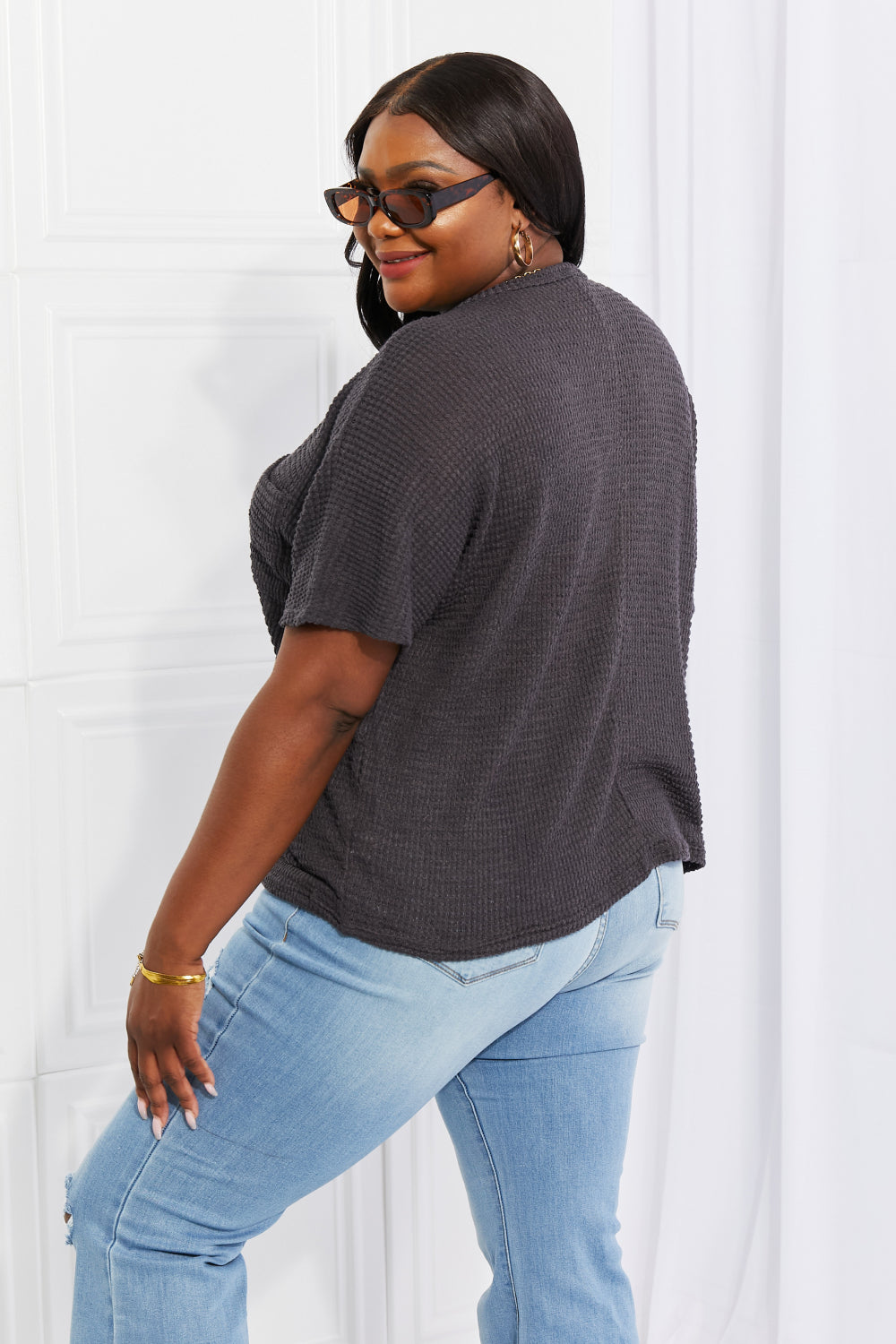 Zenana Full Size Spring It On Keyhole Jacquard Sweater in Gray