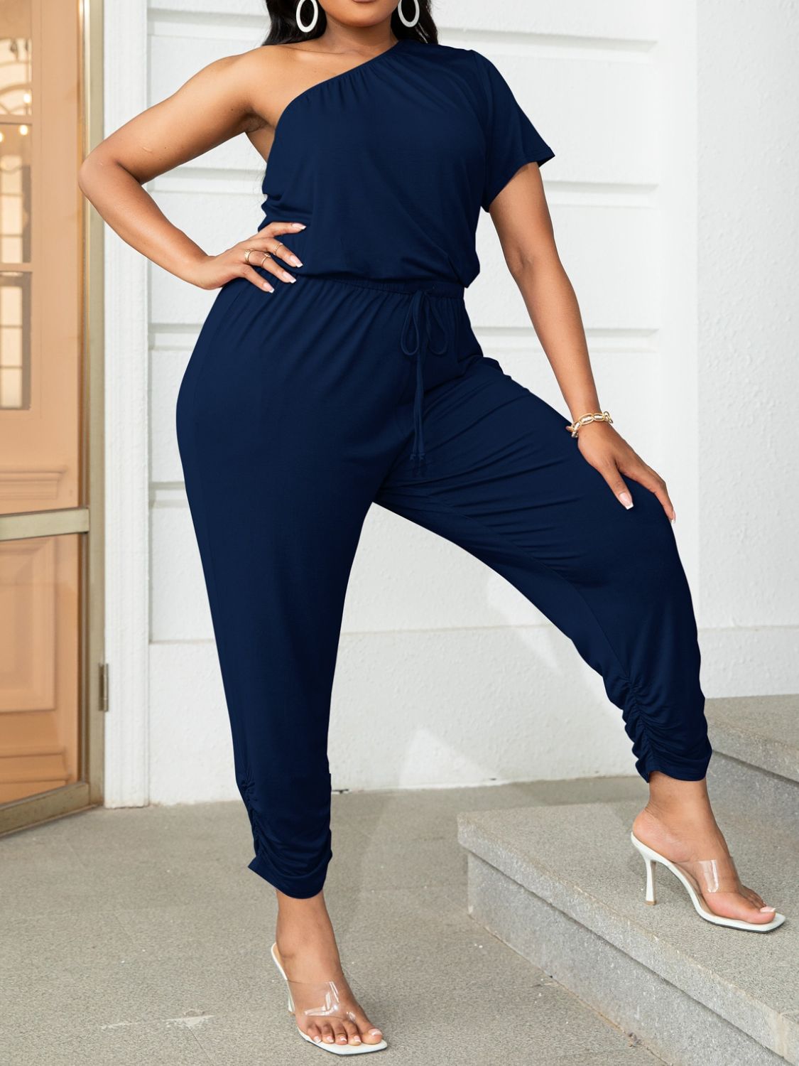 Plus Size One-Shoulder Short Sleeve Drawstring Waist Jumpsuit