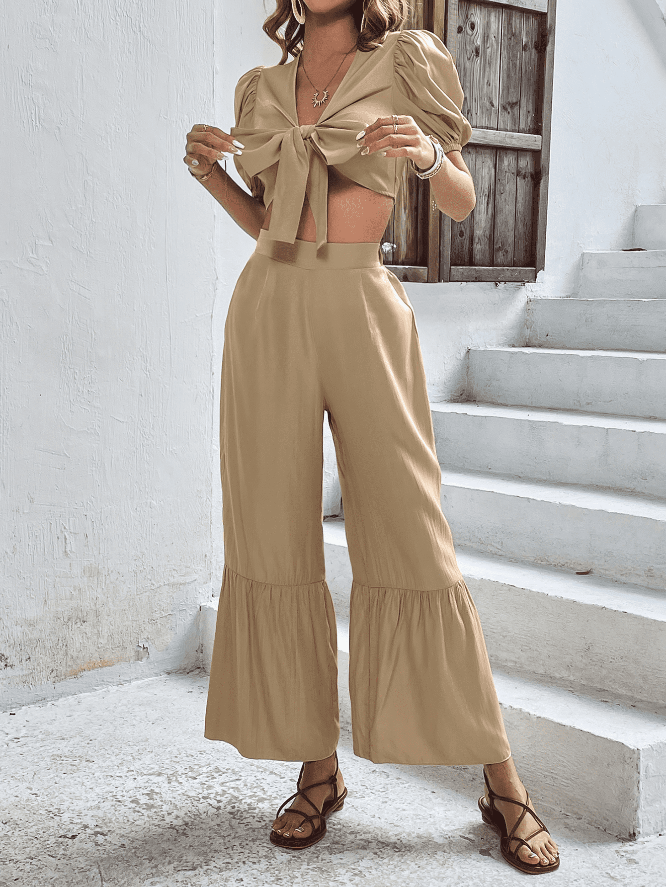 Puff Sleeve Cropped Top and Wide Leg Pants Set