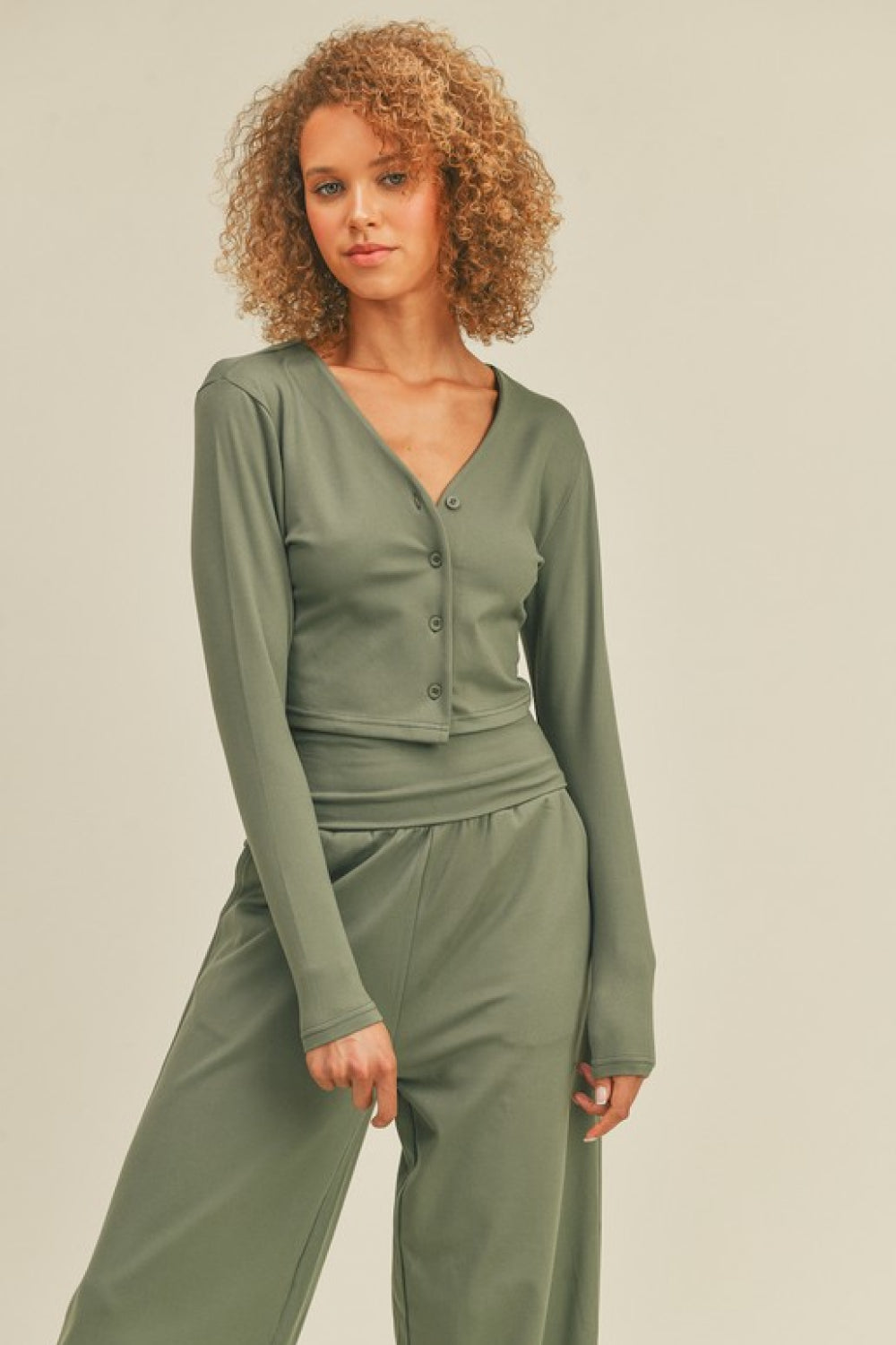 Kimberly C V-Neck Buttoned Top and Wide Waistband Wide Leg Pants Set