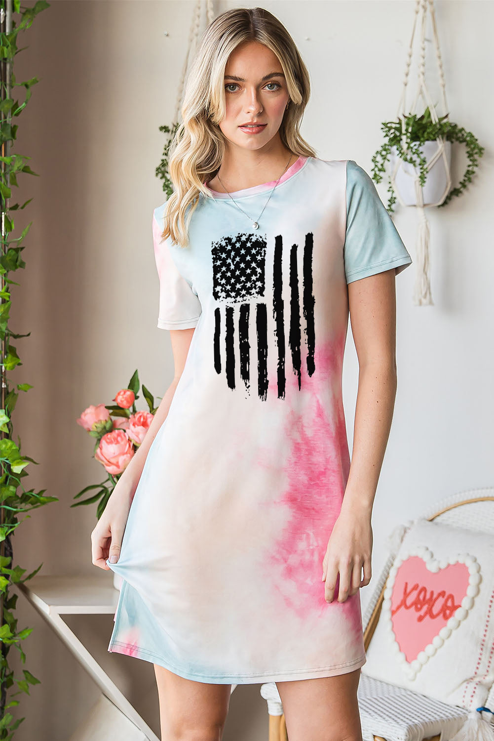 Tie-Dye US Flag Graphic Round Neck Dress