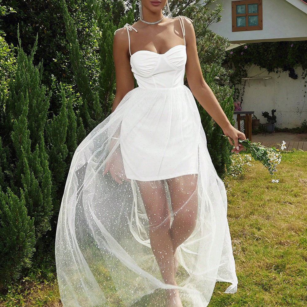 Tie-Shoulder Sweetheart Neck Mesh Dress
