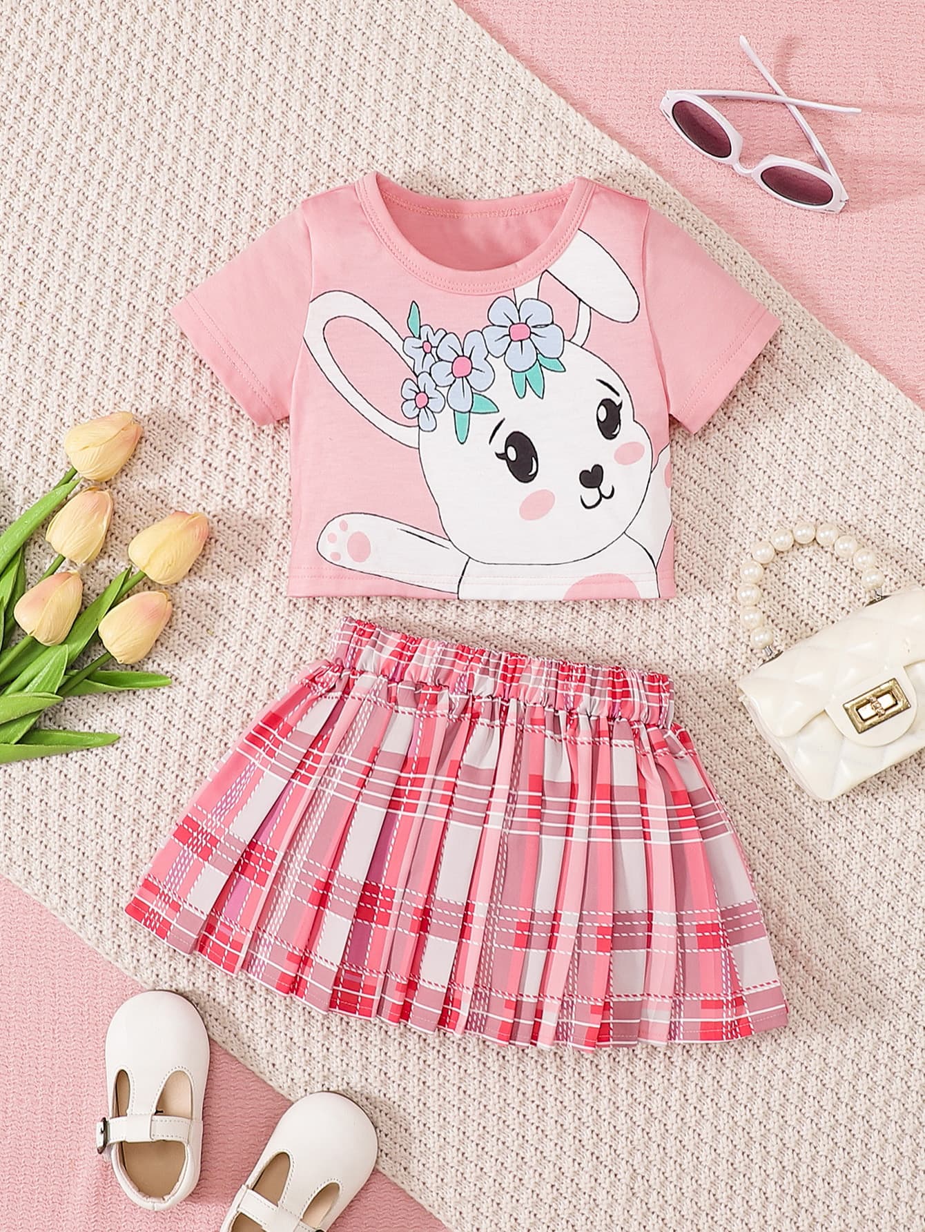 Baby Girl Rabbit Tee and Plaid Skirt Set