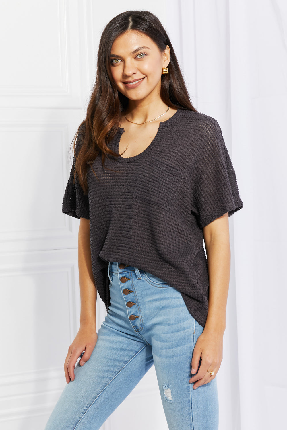 Zenana Full Size Spring It On Keyhole Jacquard Sweater in Gray