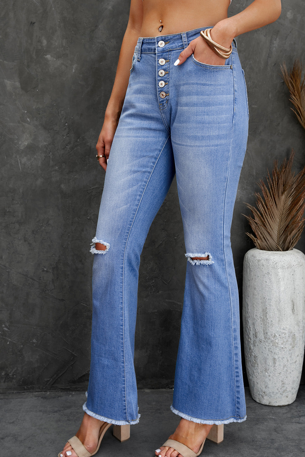 Button Fly Distressed Knee Raw Hem Jeans