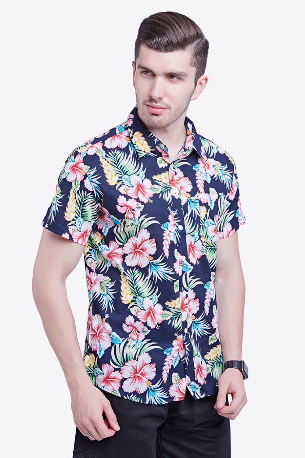Tropical Pattern Button-Down Vacation Shirt