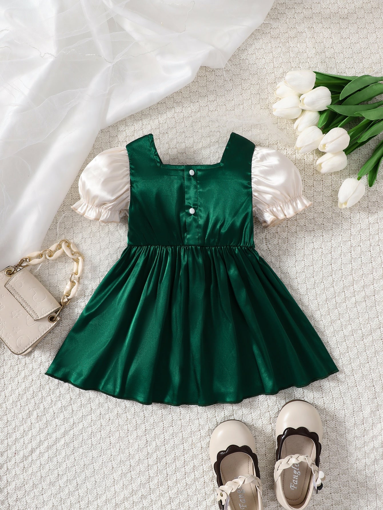 Baby Girl Two-Tone Bow Detail Flounce Sleeve Dress