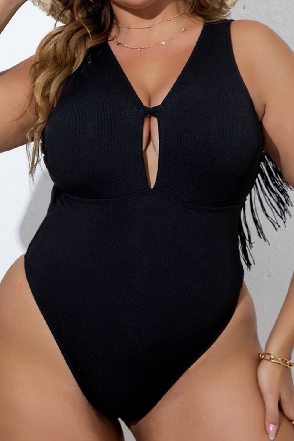 Plus Size Fringe Trim Open Back One-Piece Swimsuit