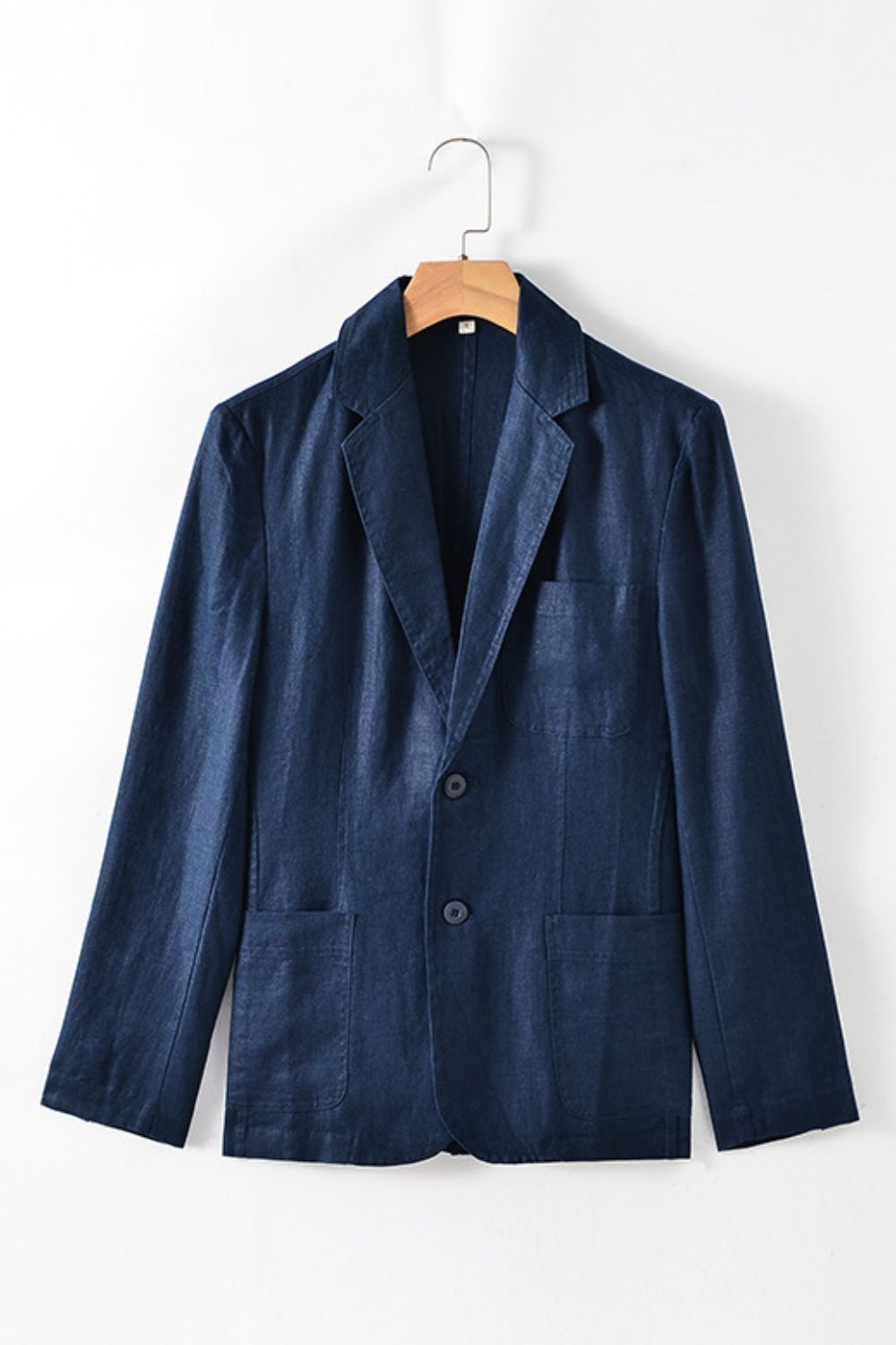 Buttoned Johnny Collar Long Sleeve Linen Blazer with Pockets