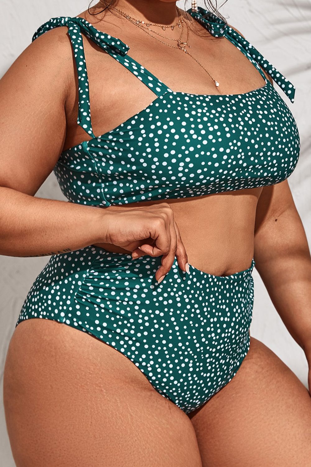 Plus Size Polka Dot Tie-Shoulder High Waist Two-Piece Swim Set