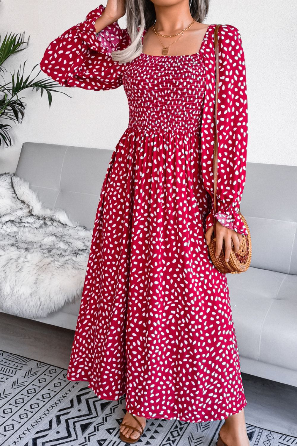 Printed Smocked Flounce Sleeve Maxi Dress