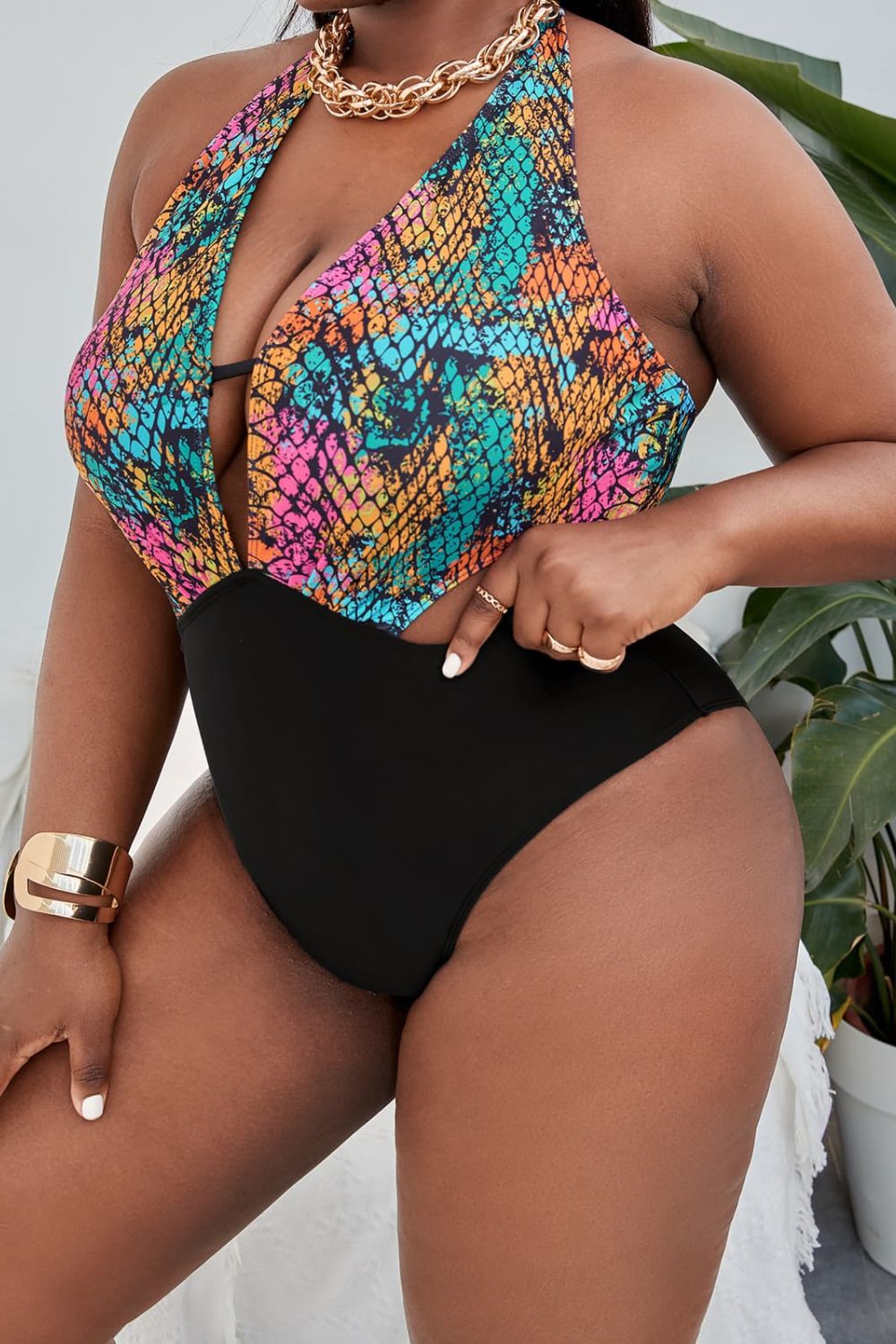 Plus Size Two-Tone Halter Neck Cutout One-Piece Swimsuit