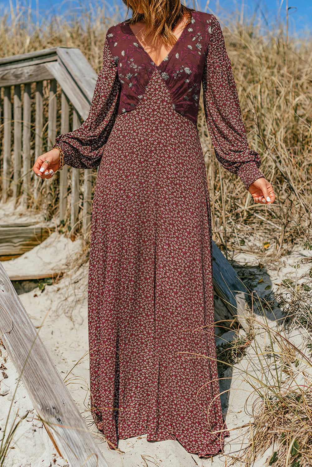 Floral Spliced Lantern Sleeve Maxi Dress