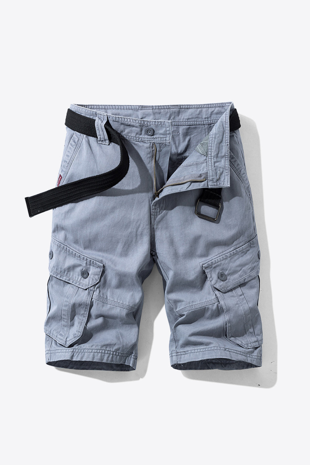 Button and Zip Closure Belted Cargo Shorts