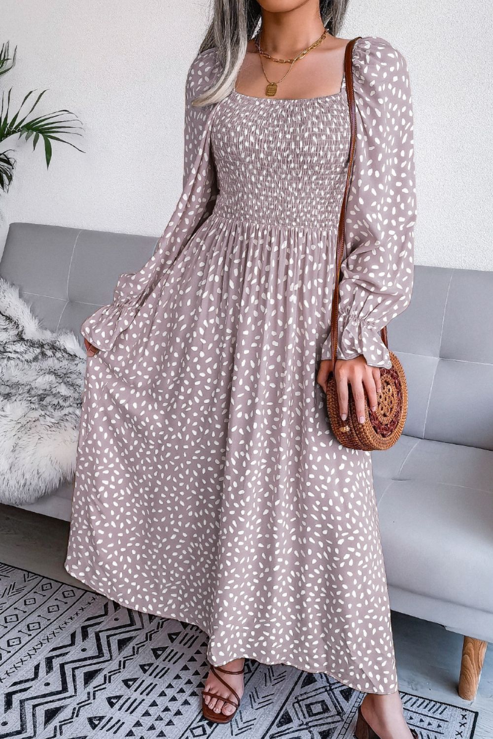 Printed Smocked Flounce Sleeve Maxi Dress