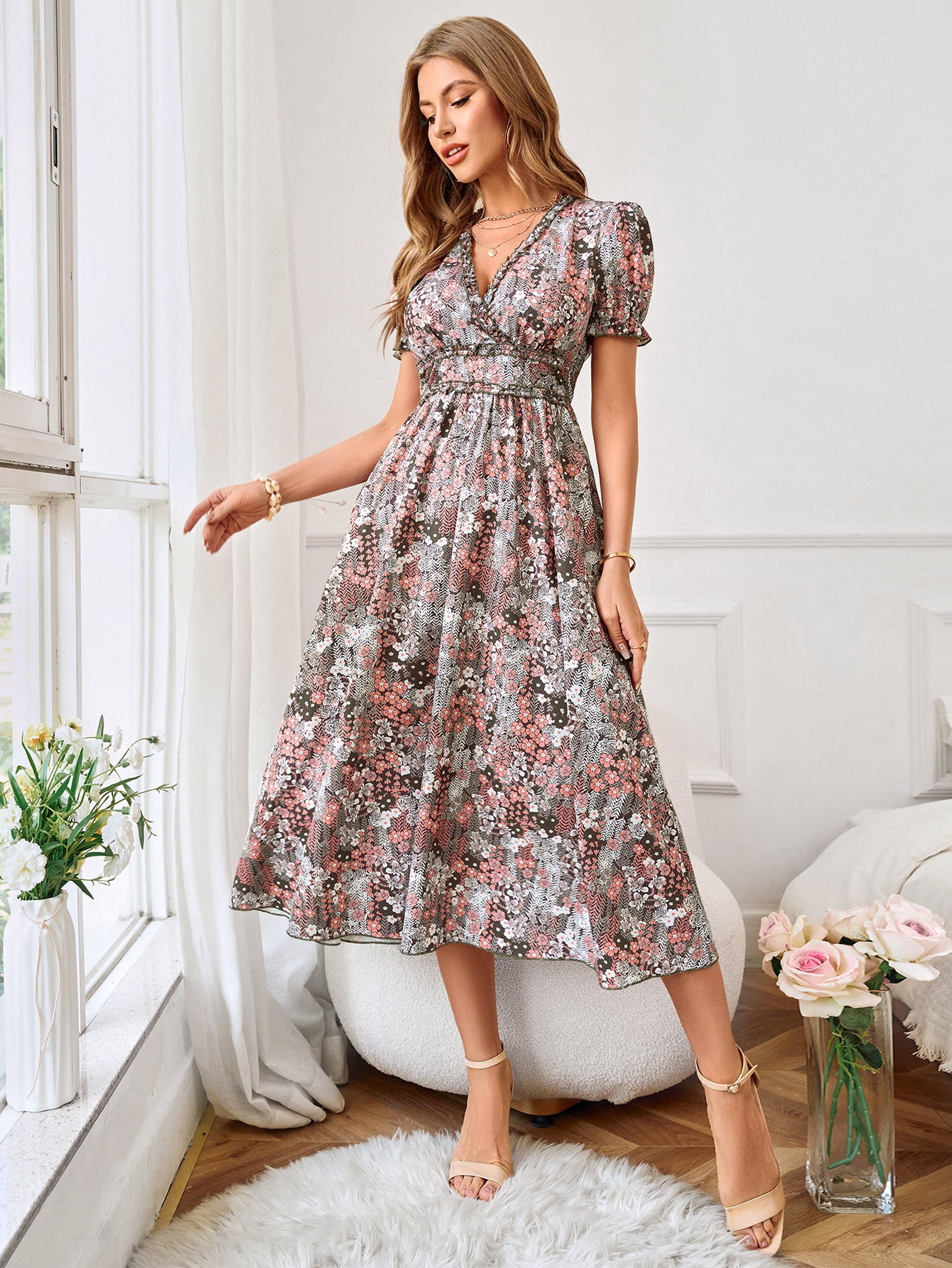 Floral Frill Trim V-Neck Flounce Sleeve Dress