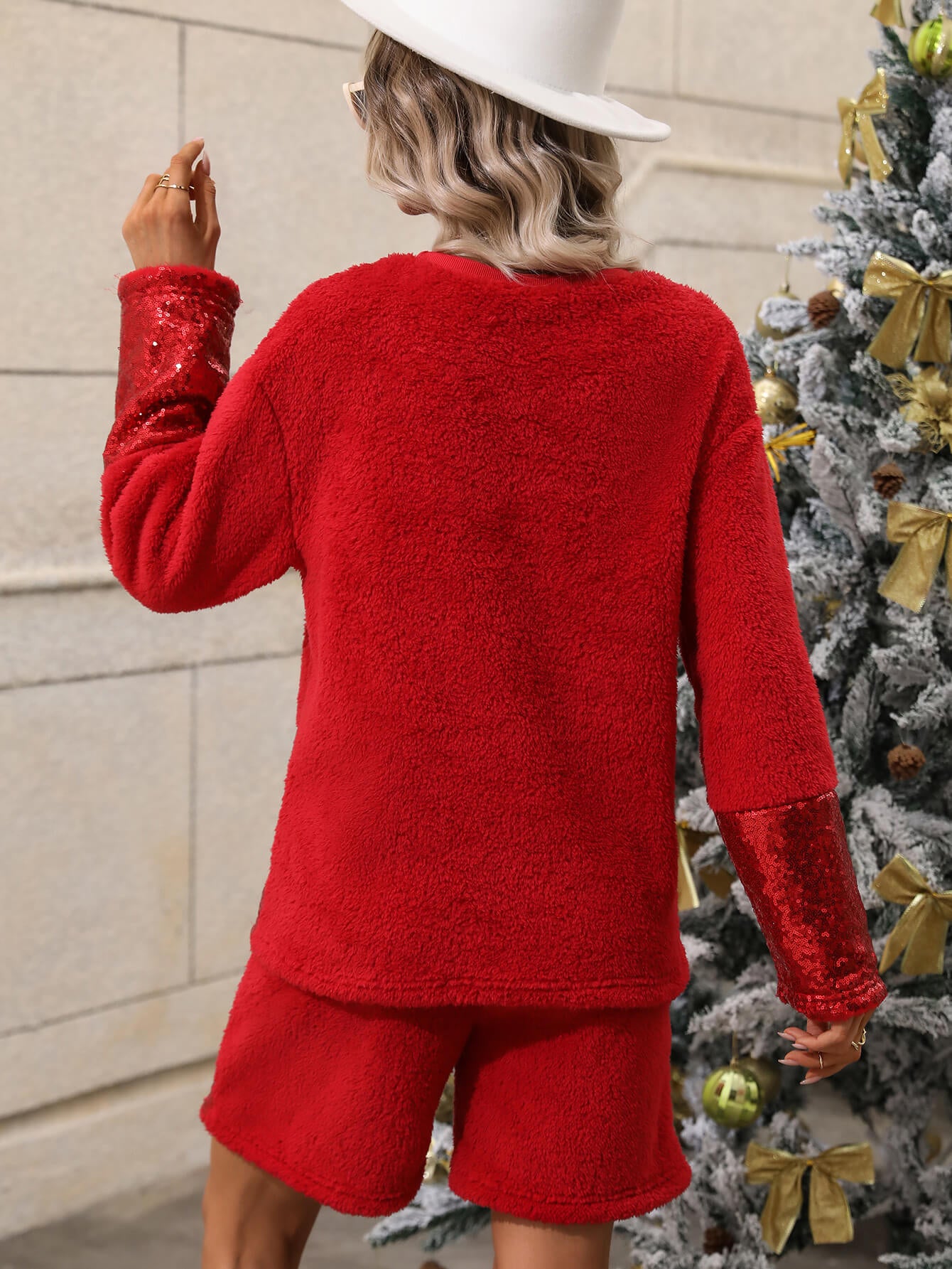 Sequined Round Neck Fleece Top and Shorts Set