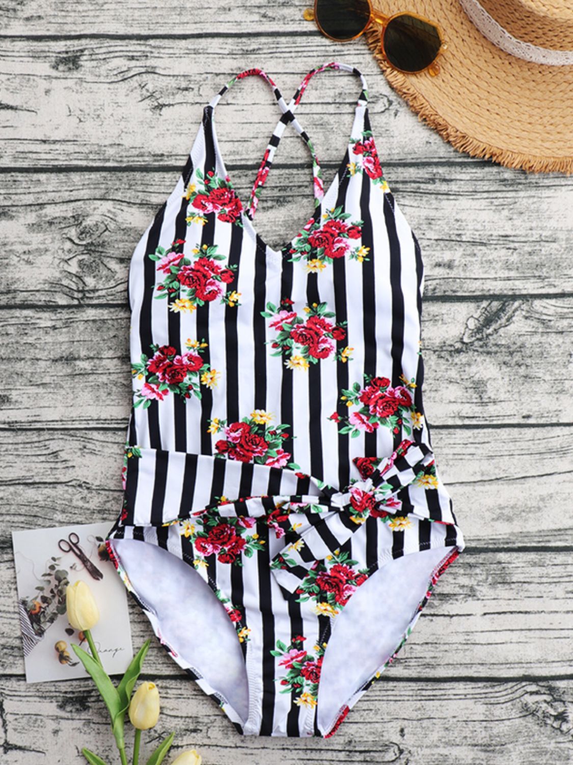 Floral Striped Lace-Up One-Piece Swimsuit
