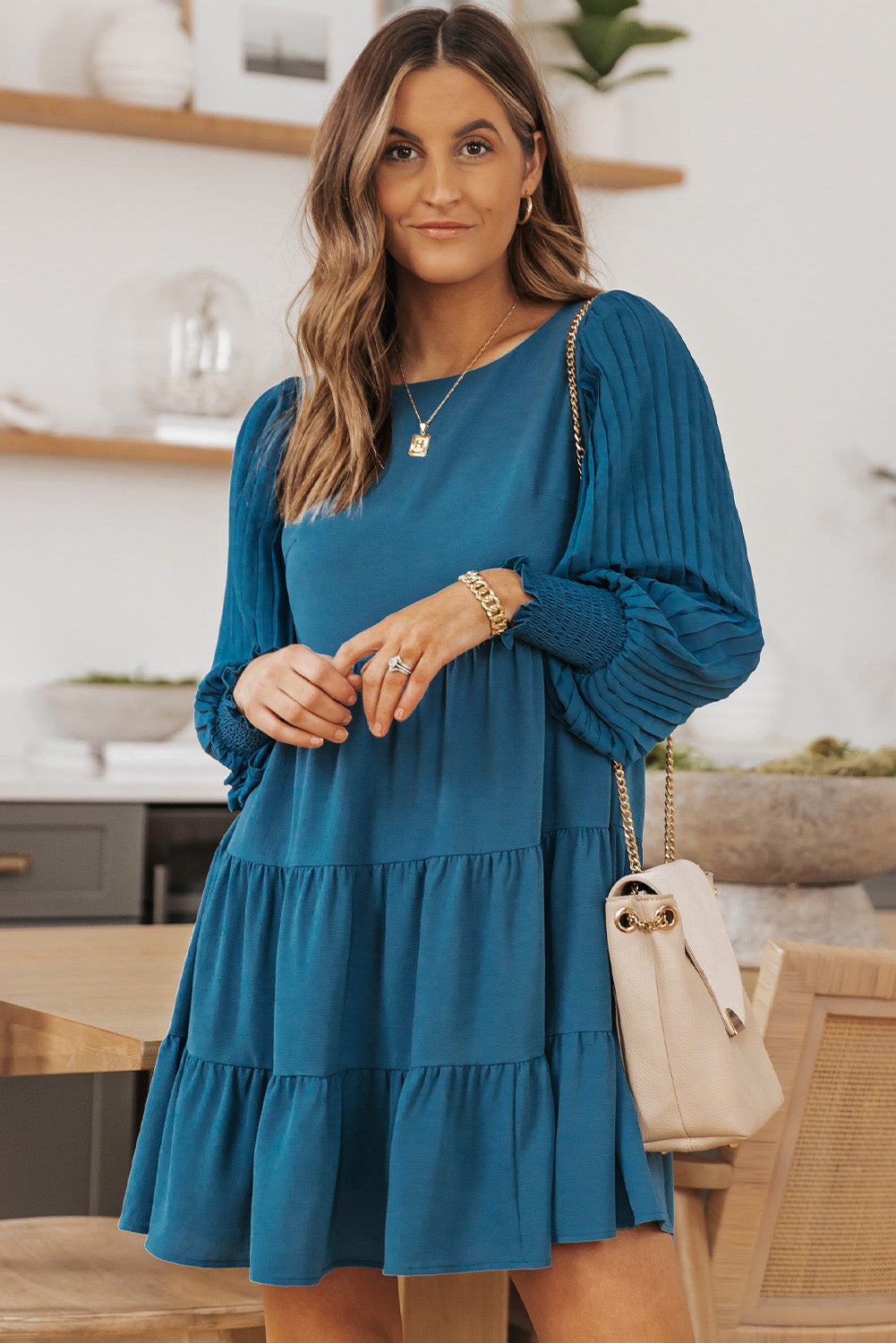 Round Neck Lantern Sleeve Tiered Dress