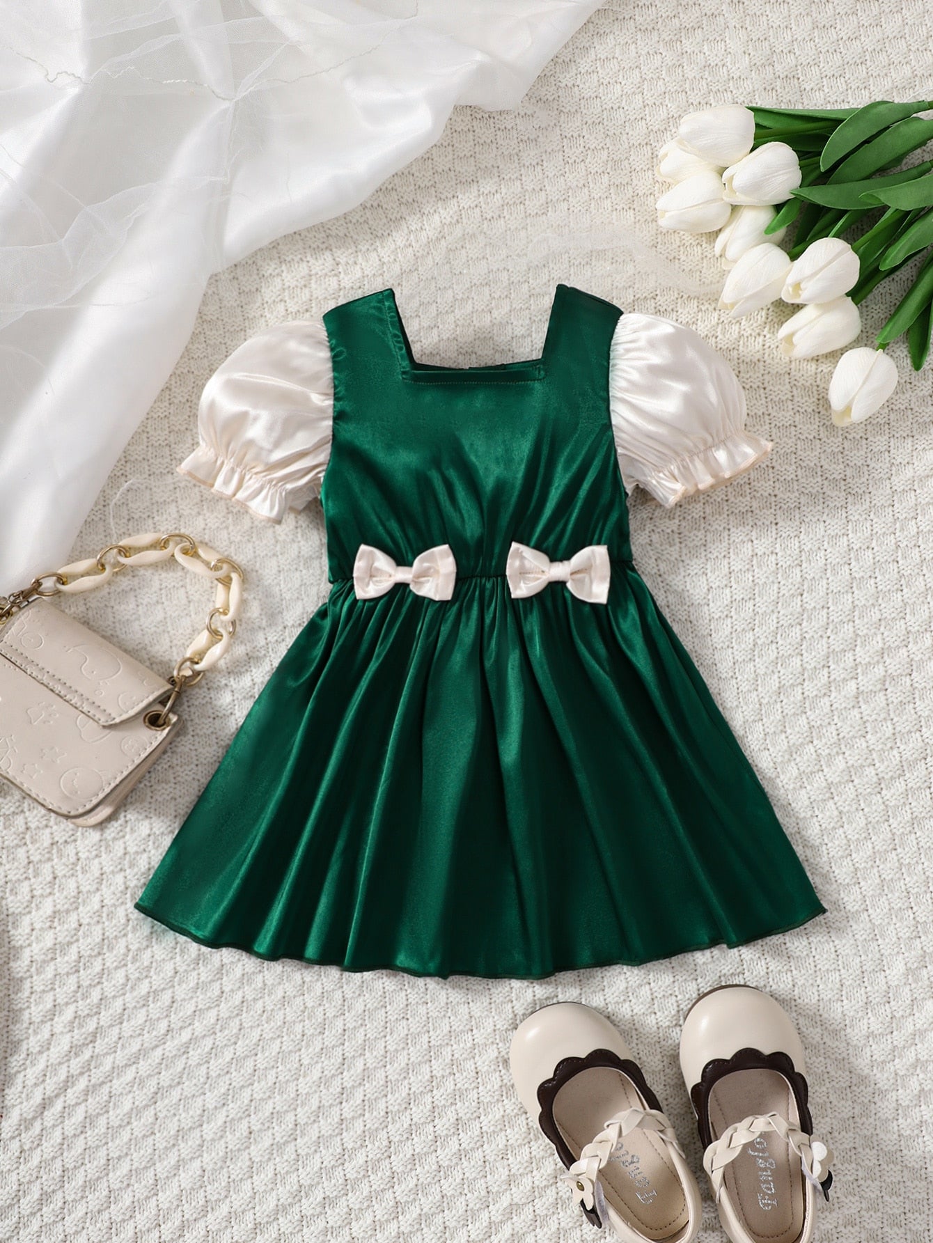 Baby Girl Two-Tone Bow Detail Flounce Sleeve Dress
