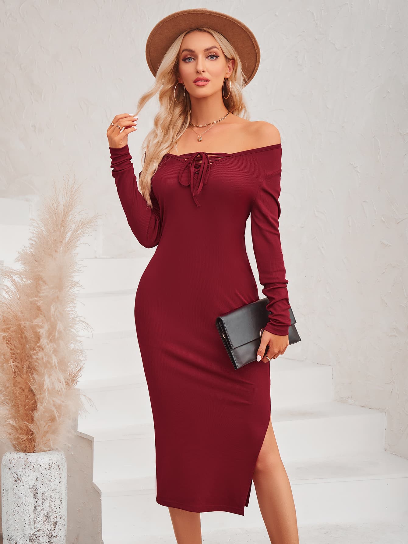 Lace-Up Long Sleeve Slit Dress