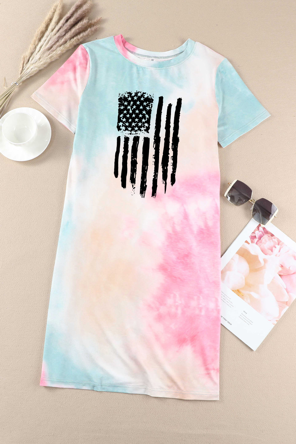Tie-Dye US Flag Graphic Round Neck Dress