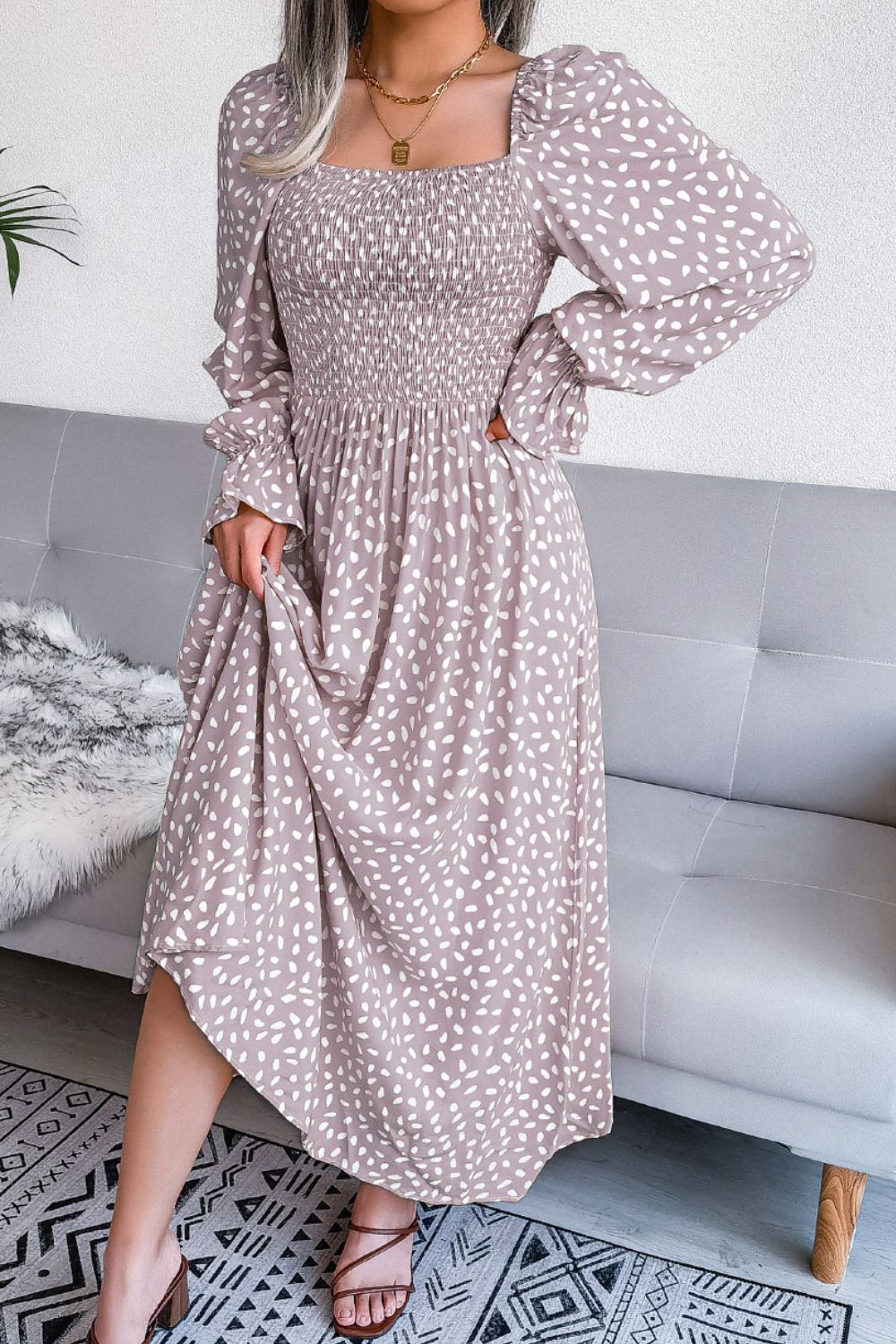 Printed Smocked Flounce Sleeve Maxi Dress