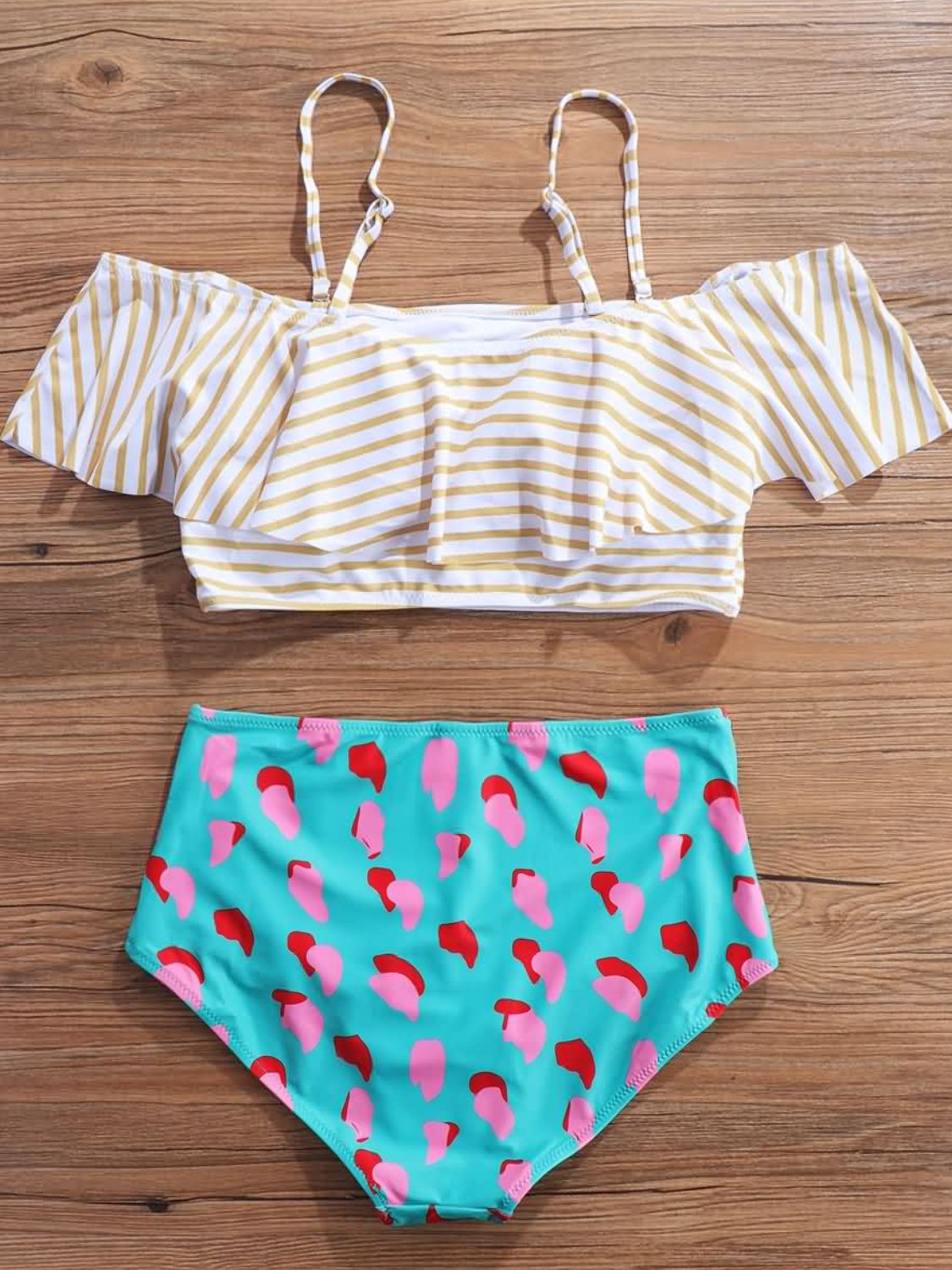 Striped Cold-Shoulder Swim Top and Printed Swim Bottoms Set