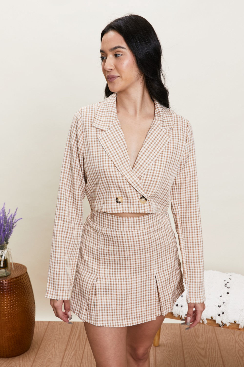 HYFVE How Sweet It Is Plaid Cropped Blazer and Skort Set