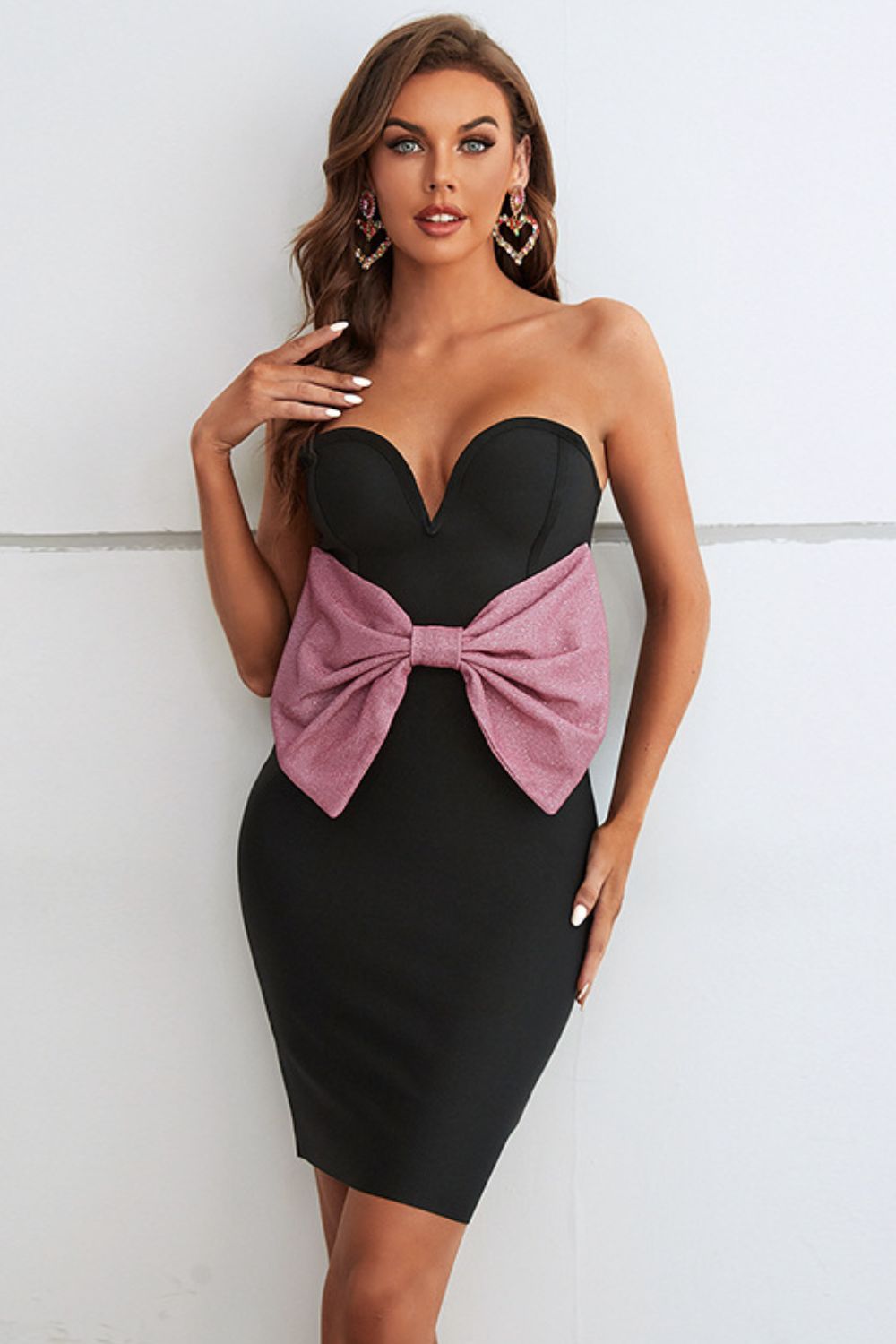 Contrast Bow Detail Strapless Bodycon Dress