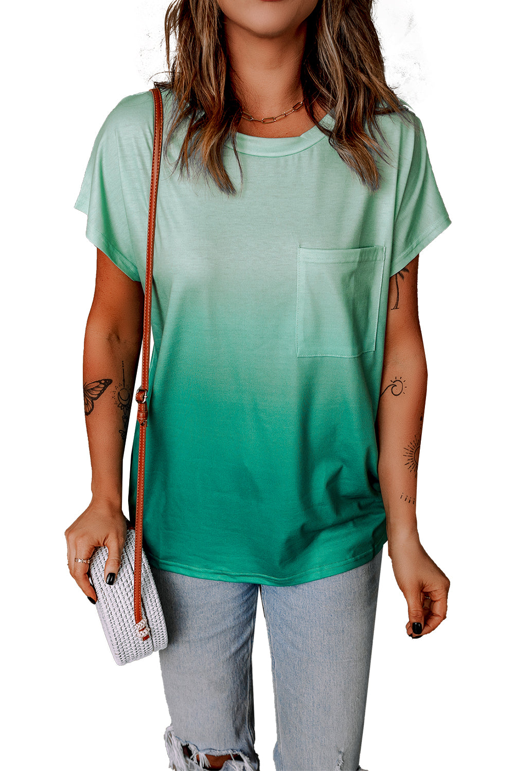 Ombre Green Short Sleeve Crew Neck T Shirt with Pocket