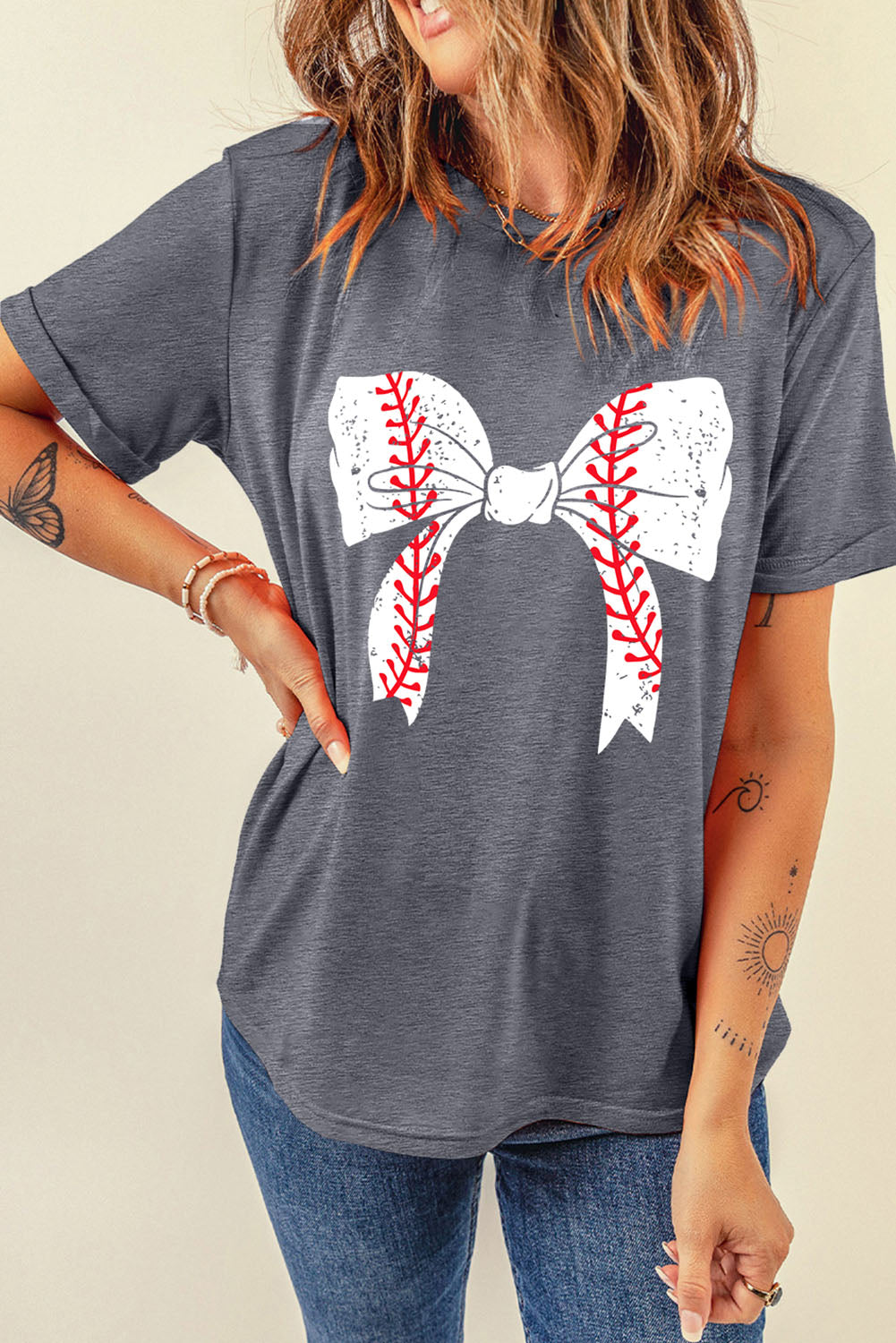 Black Baseball Bowknot Graphic Roll Up Sleeve Tee - Kustom Kreations Goods