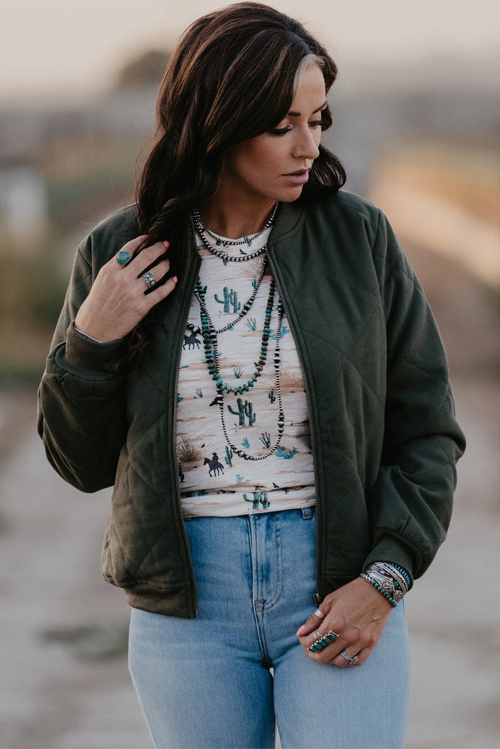 Beige Cactus Print Crew Neck Short Sleeve Top - Kustom Kreations Goods