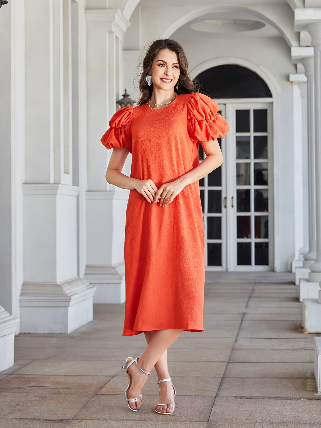 Round Neck Bubble Sleeve Straight Hem Midi Dress