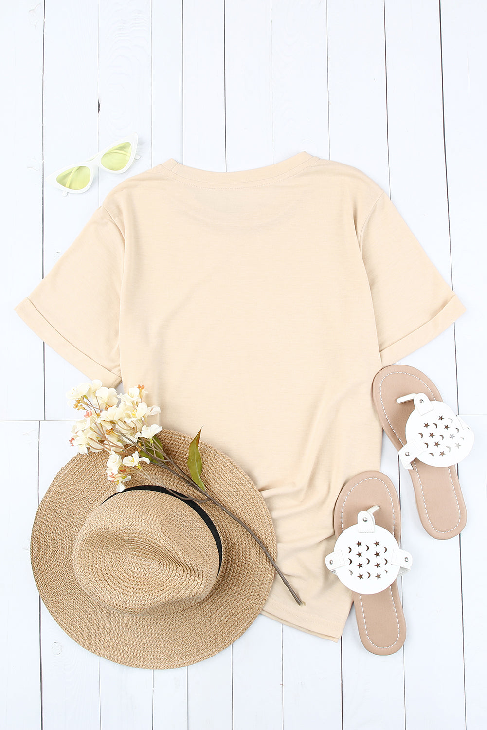 Green Plain Solid Color Crew Neck Tee