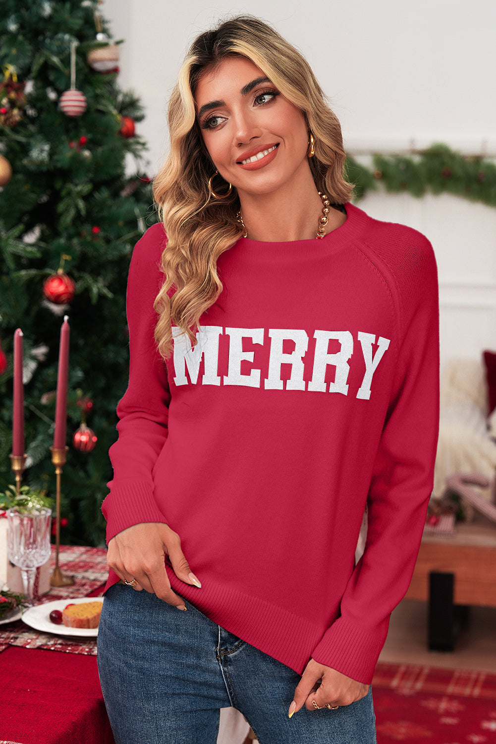 White MERRY Letter Pattern Christmas Raglan Sleeve Sweater