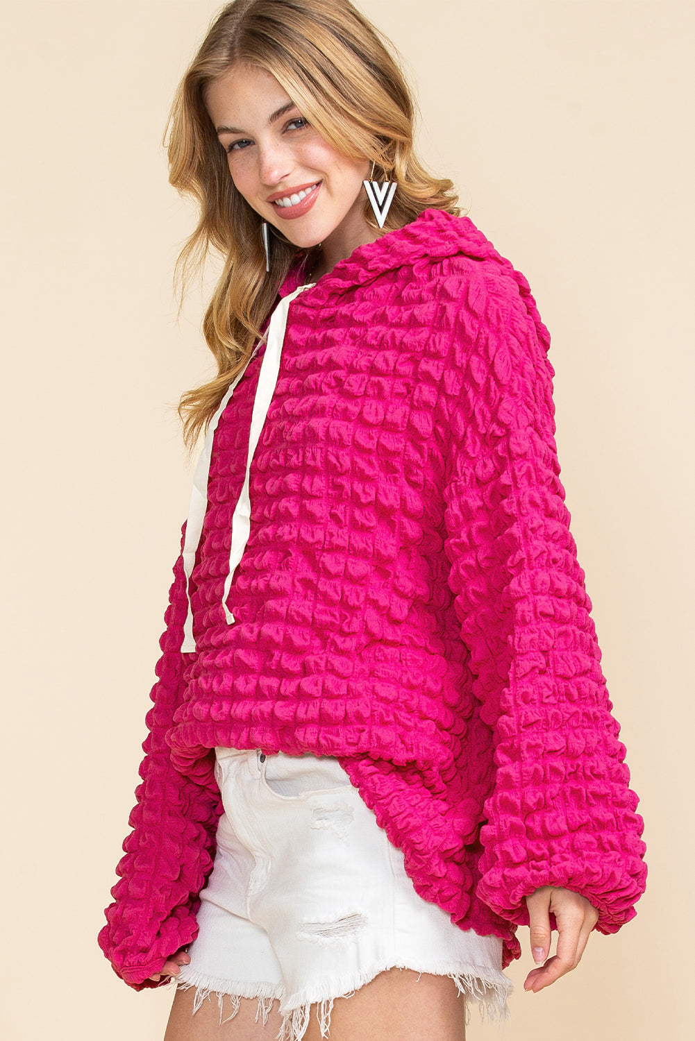 Green Waffle Textured Drawstring Pullover Hoodie