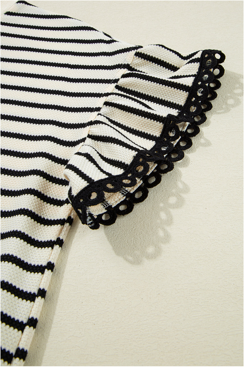 Black Stripe Scallop Lace Trim Ruffle Sleeves Crewneck Top - Kustom Kreations Goods