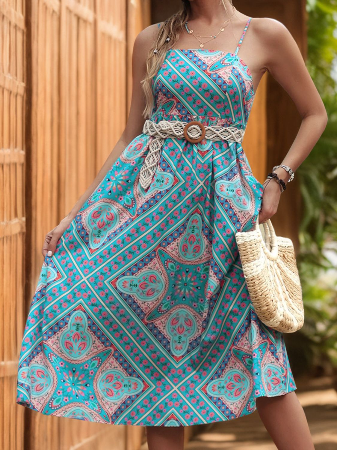 Printed Spaghetti Strap Midi Dress