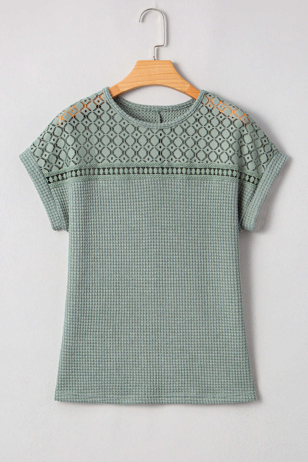 Mist Green Hollow Patchwork Waffle Knit Top - Kustom Kreations Goods