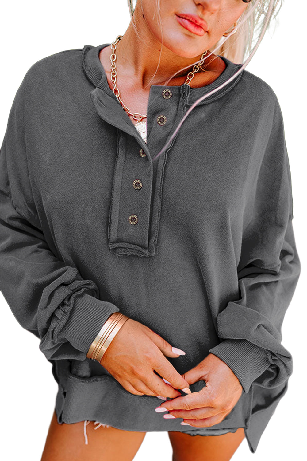 Dark Grey Slouchy Drop Shoulder Henley Sweatshirt
