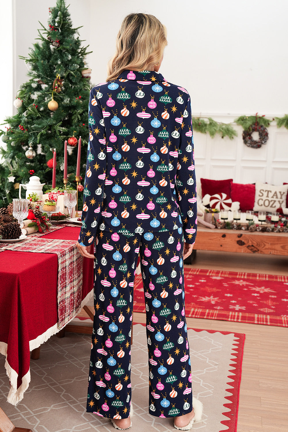 Navy Blue Colorful Christmas Lights Print Shirt and Pants Pajama Set