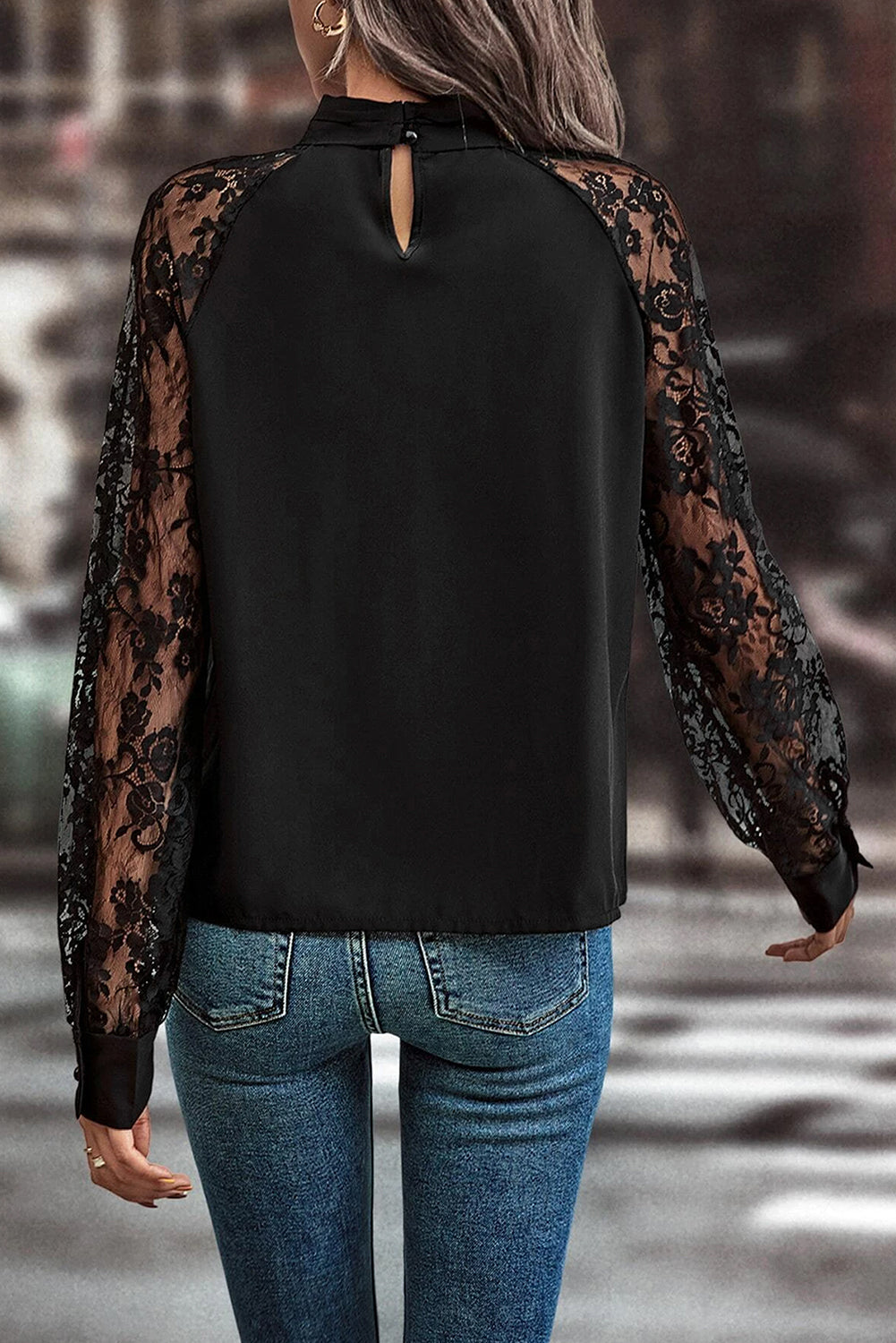Black Keyhole Neckline Lace Splicing Raglan Sleeve Blouse - Kustom Kreations Goods