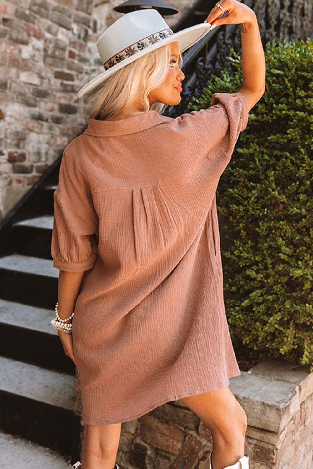 Brown Crinkle Textured Joint Bubble Sleeve Shirt Dress
