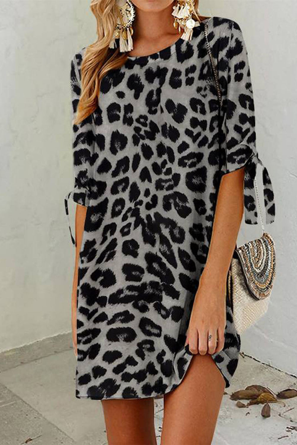 Black Casual Knot Half Sleeve Leopard Print Dress