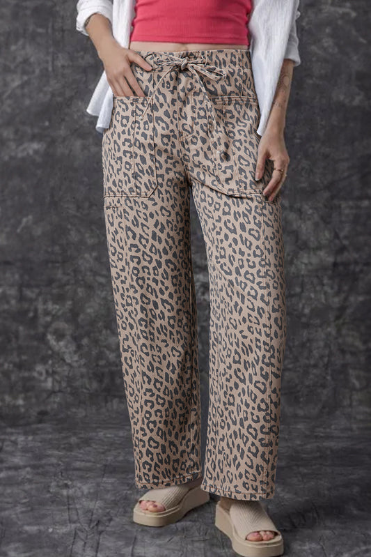 Khaki Leopard Print Drawstring Waist Pocketed Wide Leg Jeans