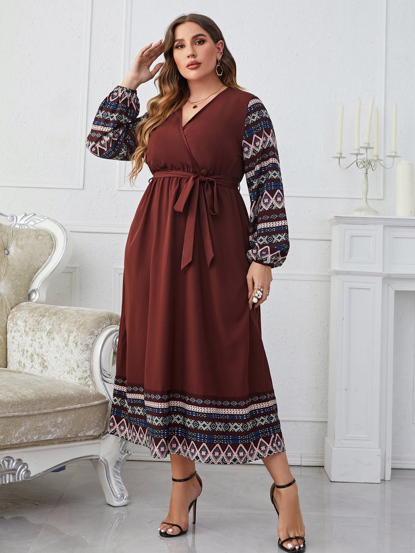 Melo Apparel Plus Size Surplice Neck Tie Belt Balloon Sleeve Dress